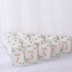 25 - Pack Paper Wedding Table Numbers 1 - 25 White/Green Eucalyptus Leaves Design - Free Standing Double Sided Table Signs with Glam Gold Foil Numbers 7" - Bell Racket Store