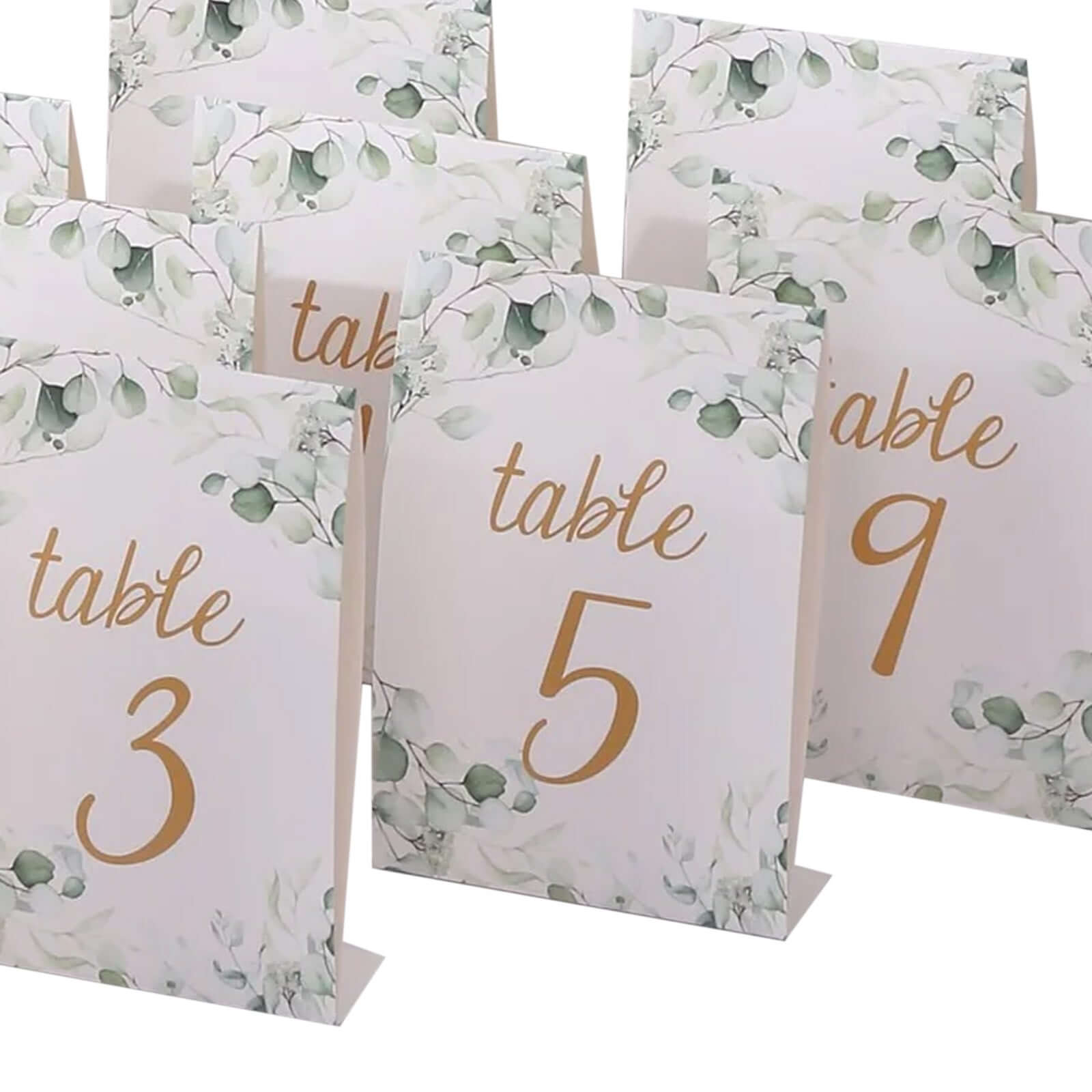 25 - Pack Paper Wedding Table Numbers 1 - 25 White/Green Eucalyptus Leaves Design - Free Standing Double Sided Table Signs with Glam Gold Foil Numbers 7" - Bell Racket Store
