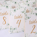 25 - Pack Paper Wedding Table Numbers 1 - 25 White/Green Eucalyptus Leaves Design - Free Standing Double Sided Table Signs with Glam Gold Foil Numbers 7" - Bell Racket Store