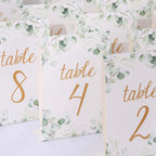 25 - Pack Paper Wedding Table Numbers 1 - 25 White/Green Eucalyptus Leaves Design - Free Standing Double Sided Table Signs with Glam Gold Foil Numbers 7" - Bell Racket Store
