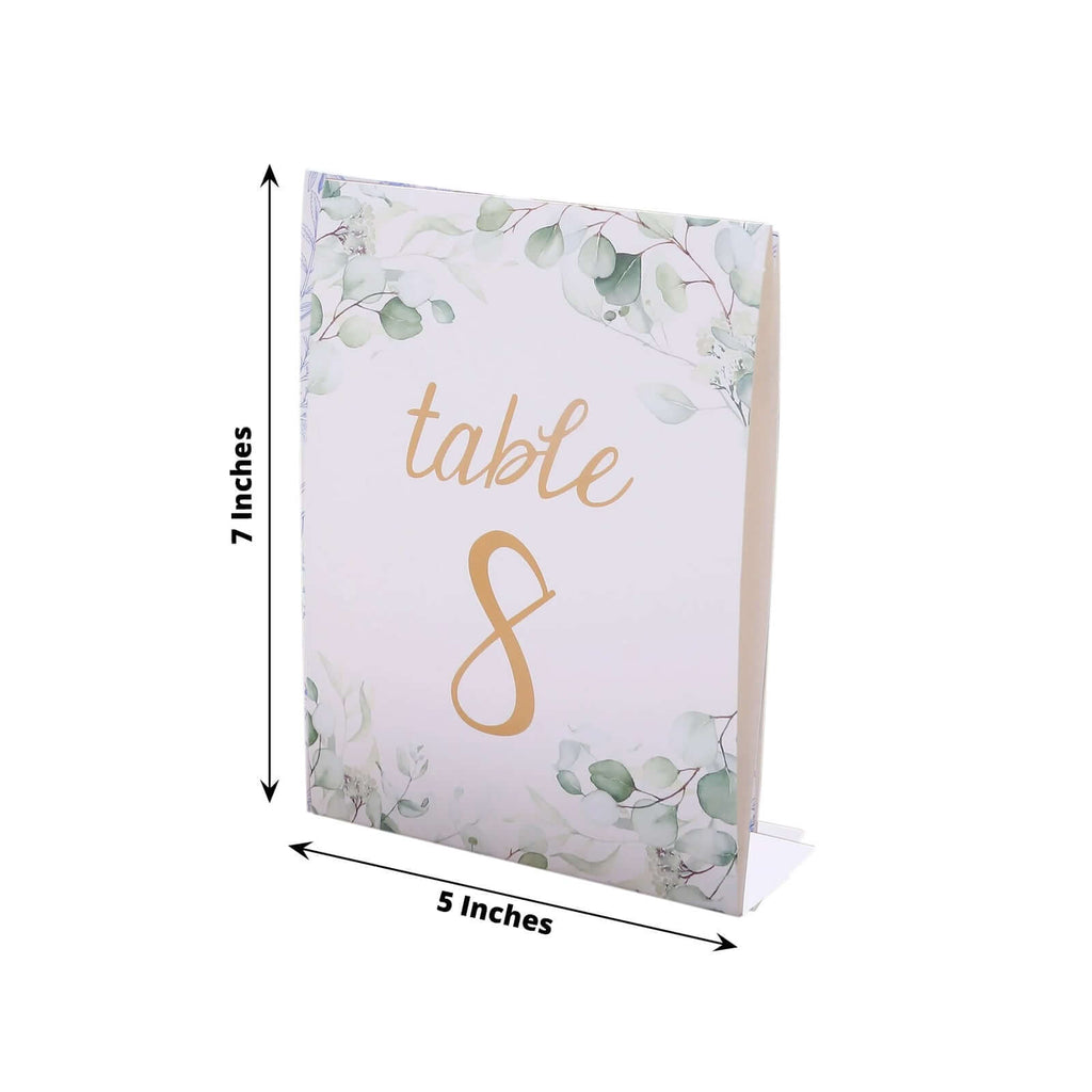 25 - Pack Paper Wedding Table Numbers 1 - 25 White/Green Eucalyptus Leaves Design - Free Standing Double Sided Table Signs with Glam Gold Foil Numbers 7" - Bell Racket Store