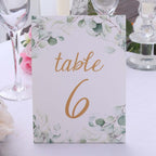 25 - Pack Paper Wedding Table Numbers 1 - 25 White/Green Eucalyptus Leaves Design - Free Standing Double Sided Table Signs with Glam Gold Foil Numbers 7" - Bell Racket Store