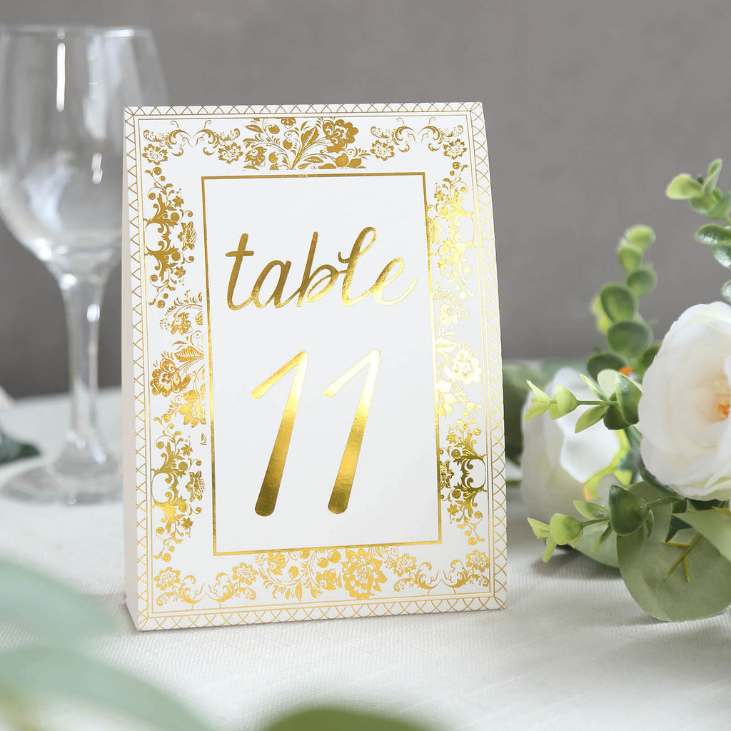 25 - Pack Paper Wedding Table Numbers 1 - 25 White/Metallic Gold French Toile Design with Glam Gold Foil Numbers 7" - Bell Racket Store