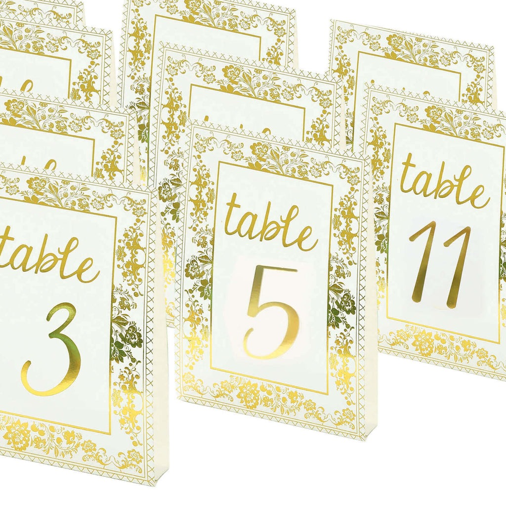 25 - Pack Paper Wedding Table Numbers 1 - 25 White/Metallic Gold French Toile Design with Glam Gold Foil Numbers 7" - Bell Racket Store