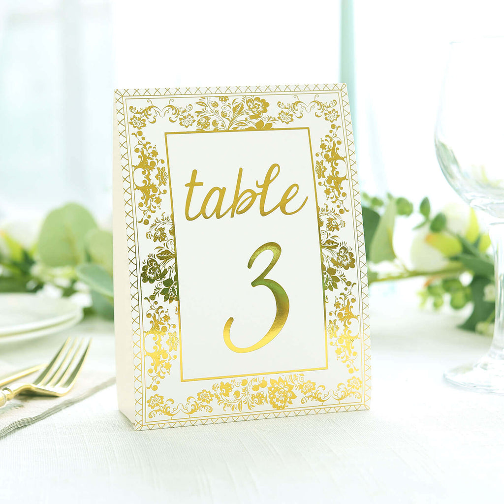 25 - Pack Paper Wedding Table Numbers 1 - 25 White/Metallic Gold French Toile Design with Glam Gold Foil Numbers 7" - Bell Racket Store
