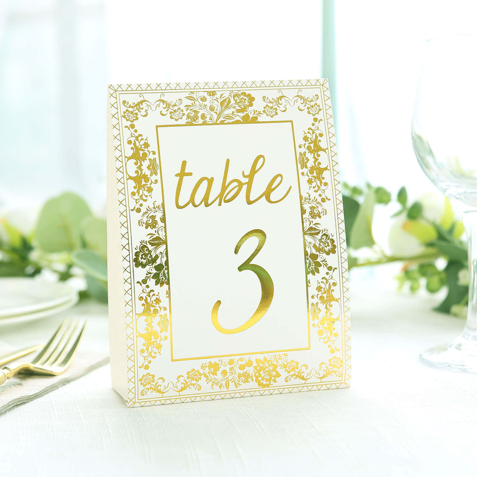 25 - Pack Paper Wedding Table Numbers 1 - 25 White/Metallic Gold French Toile Design with Glam Gold Foil Numbers 7" - Bell Racket Store