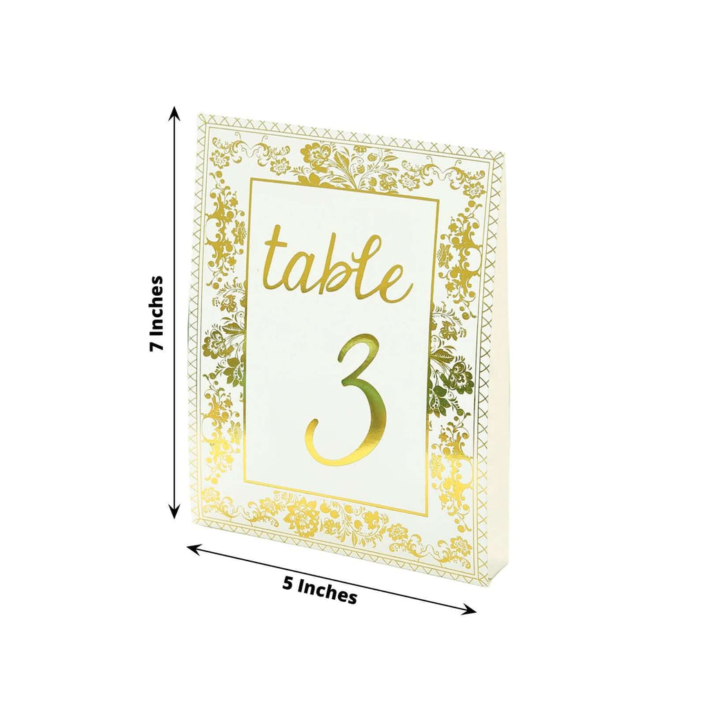 25 - Pack Paper Wedding Table Numbers 1 - 25 White/Metallic Gold French Toile Design with Glam Gold Foil Numbers 7" - Bell Racket Store