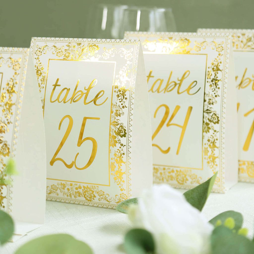 25 - Pack Paper Wedding Table Numbers 1 - 25 White/Metallic Gold French Toile Design with Glam Gold Foil Numbers 7" - Bell Racket Store