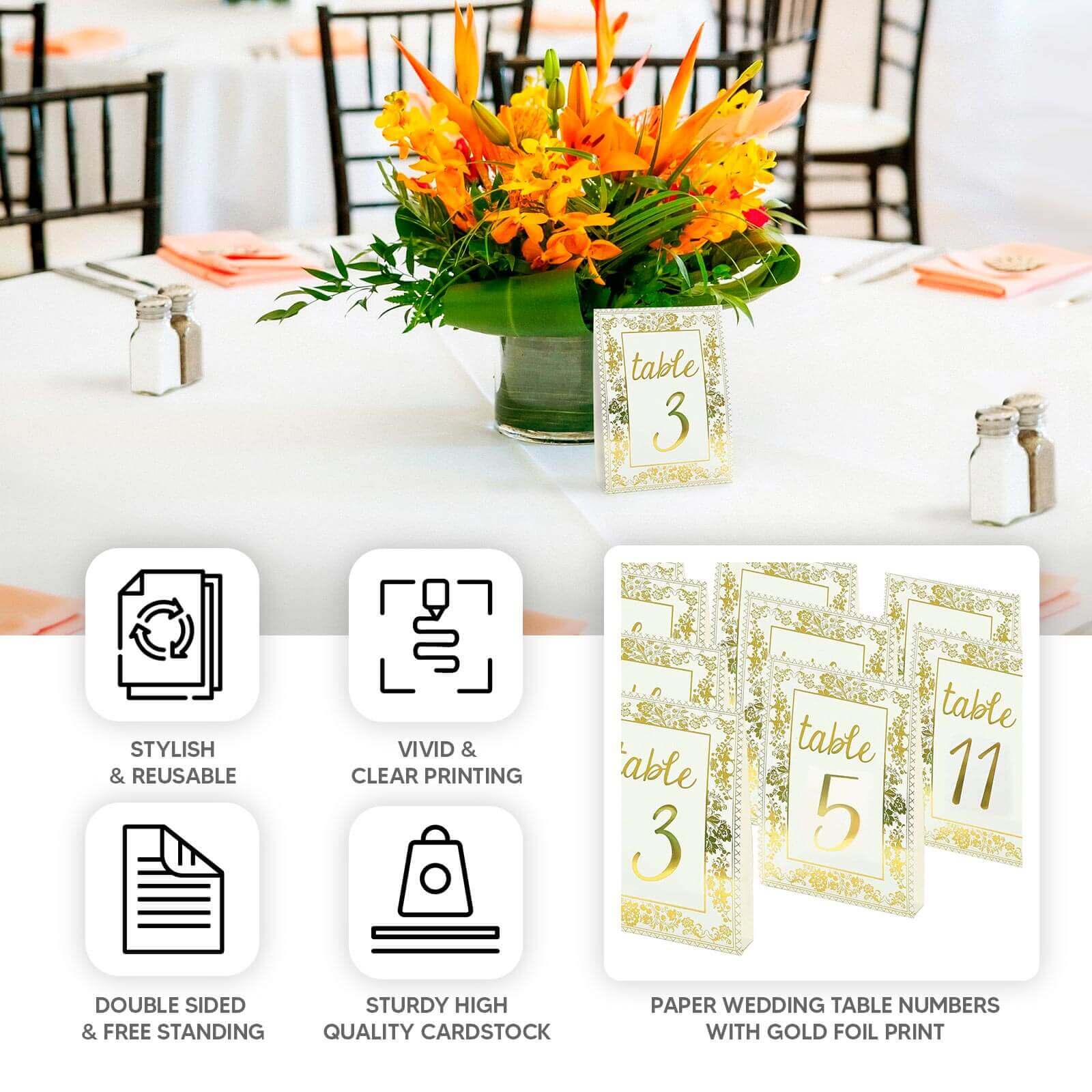 25 - Pack Paper Wedding Table Numbers 1 - 25 White/Metallic Gold French Toile Design with Glam Gold Foil Numbers 7" - Bell Racket Store