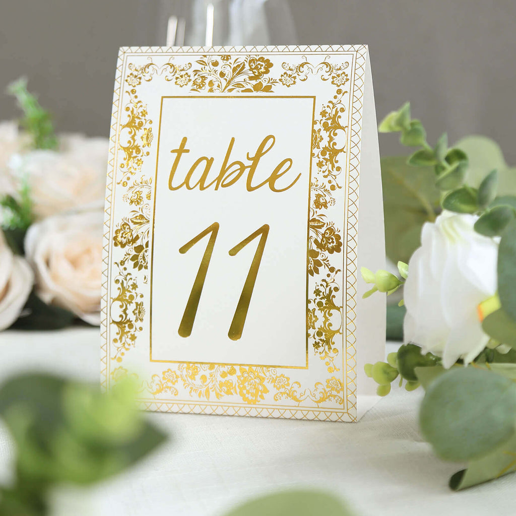 25 - Pack Paper Wedding Table Numbers 1 - 25 White/Metallic Gold French Toile Design with Glam Gold Foil Numbers 7" - Bell Racket Store