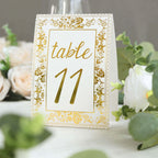25 - Pack Paper Wedding Table Numbers 1 - 25 White/Metallic Gold French Toile Design with Glam Gold Foil Numbers 7" - Bell Racket Store