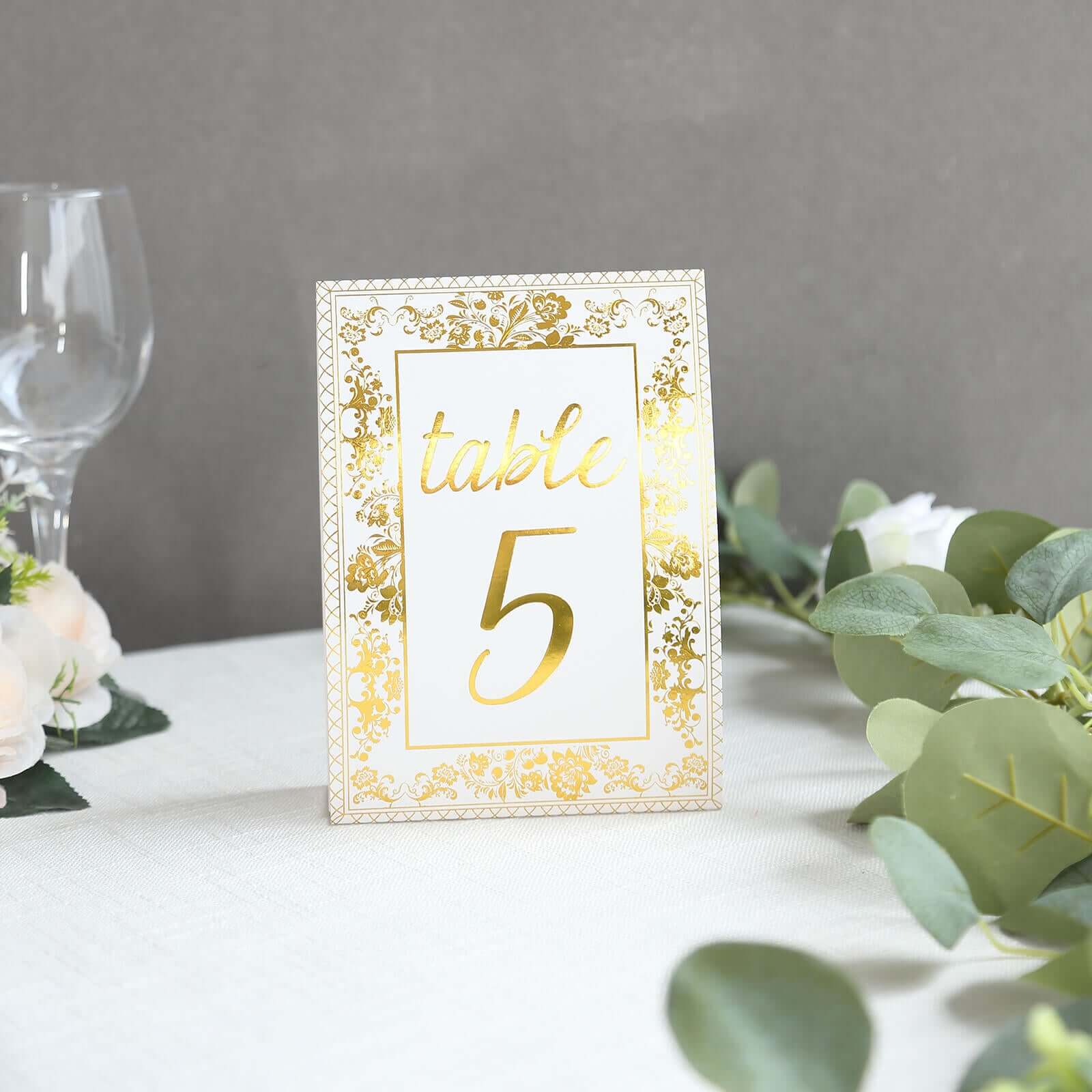 25 - Pack Paper Wedding Table Numbers 1 - 25 White/Metallic Gold French Toile Design with Glam Gold Foil Numbers 7" - Bell Racket Store