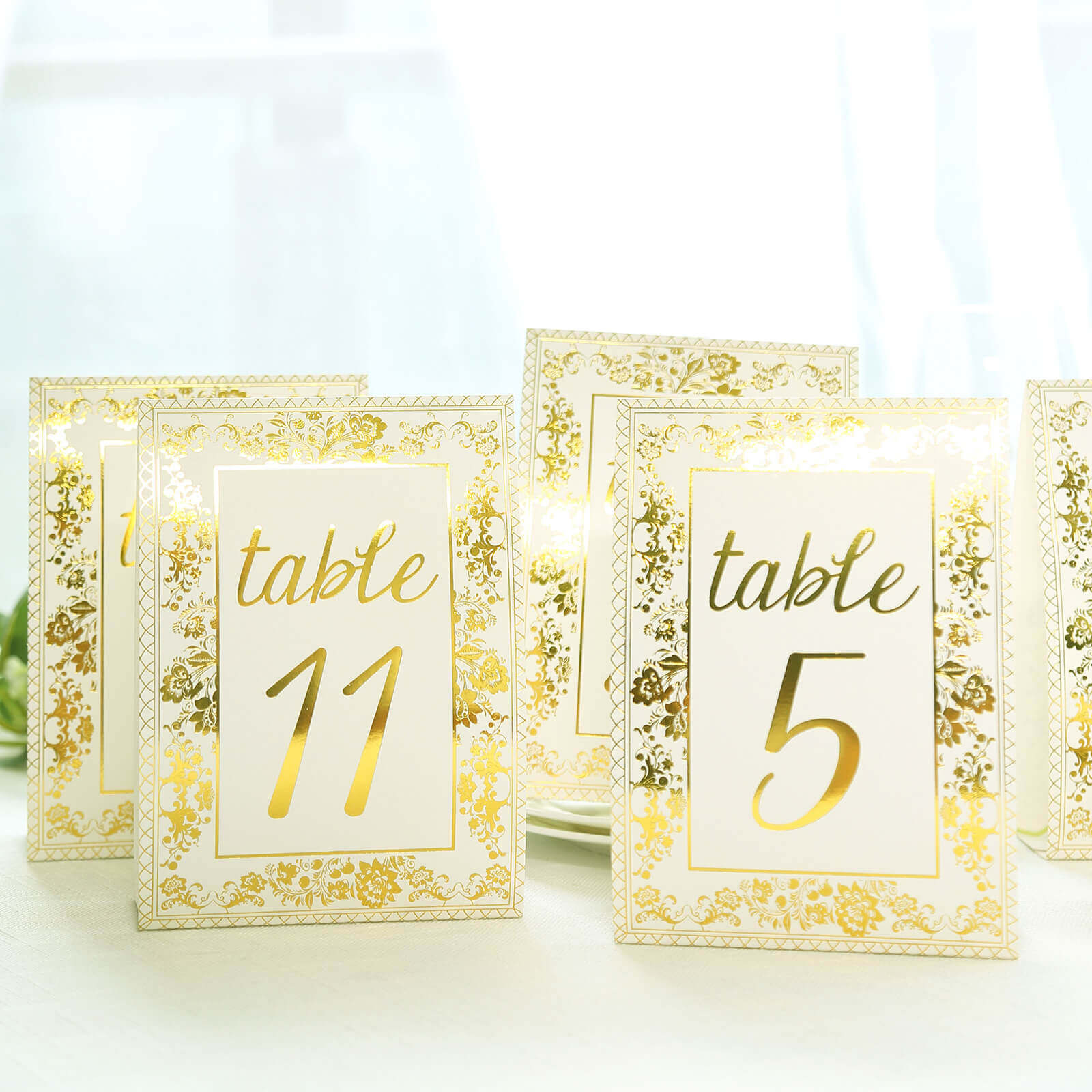 25 - Pack Paper Wedding Table Numbers 1 - 25 White/Metallic Gold French Toile Design with Glam Gold Foil Numbers 7" - Bell Racket Store