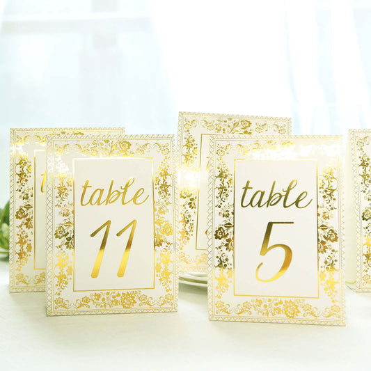 25 - Pack Paper Wedding Table Numbers 1 - 25 White/Metallic Gold French Toile Design with Glam Gold Foil Numbers 7" - Bell Racket Store