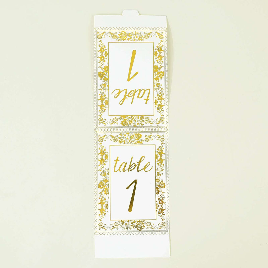 25 - Pack Paper Wedding Table Numbers 1 - 25 White/Metallic Gold French Toile Design with Glam Gold Foil Numbers 7" - Bell Racket Store