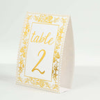 25 - Pack Paper Wedding Table Numbers 1 - 25 White/Metallic Gold French Toile Design with Glam Gold Foil Numbers 7" - Bell Racket Store