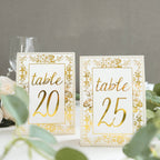 25 - Pack Paper Wedding Table Numbers 1 - 25 White/Metallic Gold French Toile Design with Glam Gold Foil Numbers 7" - Bell Racket Store