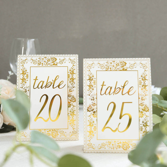 25 - Pack Paper Wedding Table Numbers 1 - 25 White/Metallic Gold French Toile Design with Glam Gold Foil Numbers 7" - Bell Racket Store