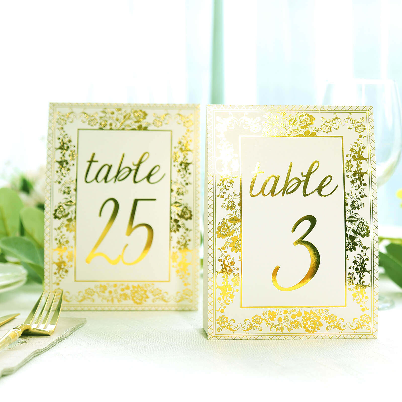 25 - Pack Paper Wedding Table Numbers 1 - 25 White/Metallic Gold French Toile Design with Glam Gold Foil Numbers 7" - Bell Racket Store