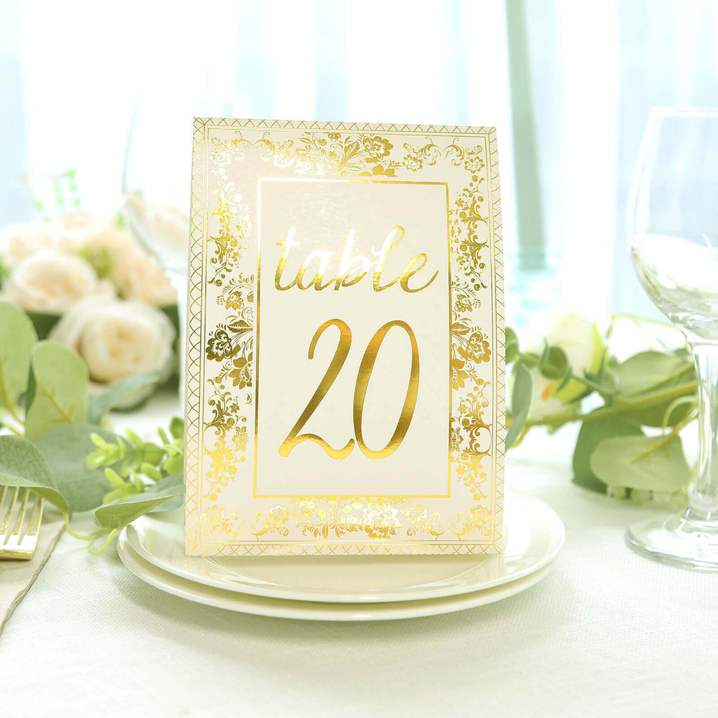 25 - Pack Paper Wedding Table Numbers 1 - 25 White/Metallic Gold French Toile Design with Glam Gold Foil Numbers 7" - Bell Racket Store