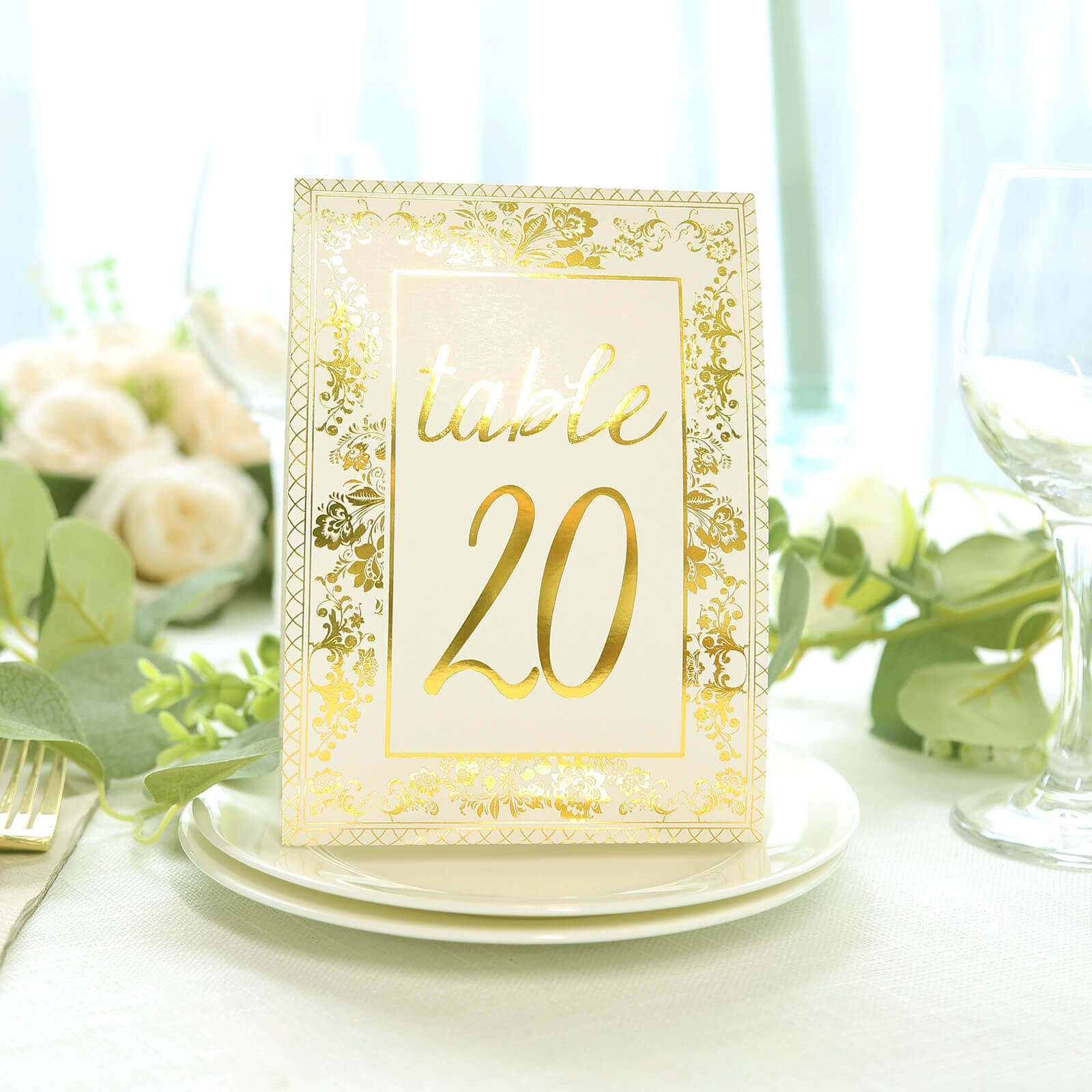 25 - Pack Paper Wedding Table Numbers 1 - 25 White/Metallic Gold French Toile Design with Glam Gold Foil Numbers 7" - Bell Racket Store