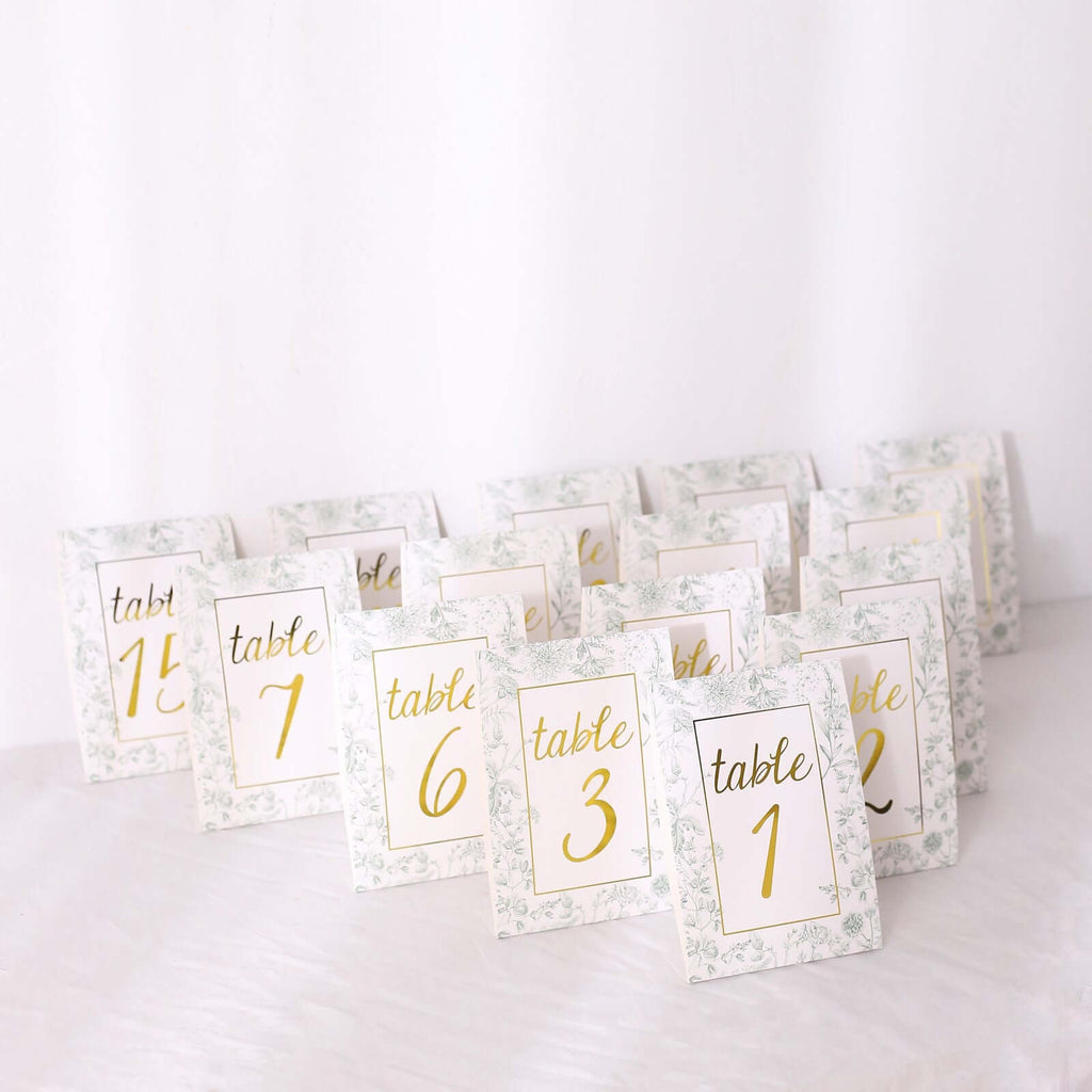 25 - Pack Paper Wedding Table Numbers 1 - 25 White/Sage Green French Toile Design - Free Standing Double Sided Table Signs with Glam Gold Foil Numbers 7" - Bell Racket Store