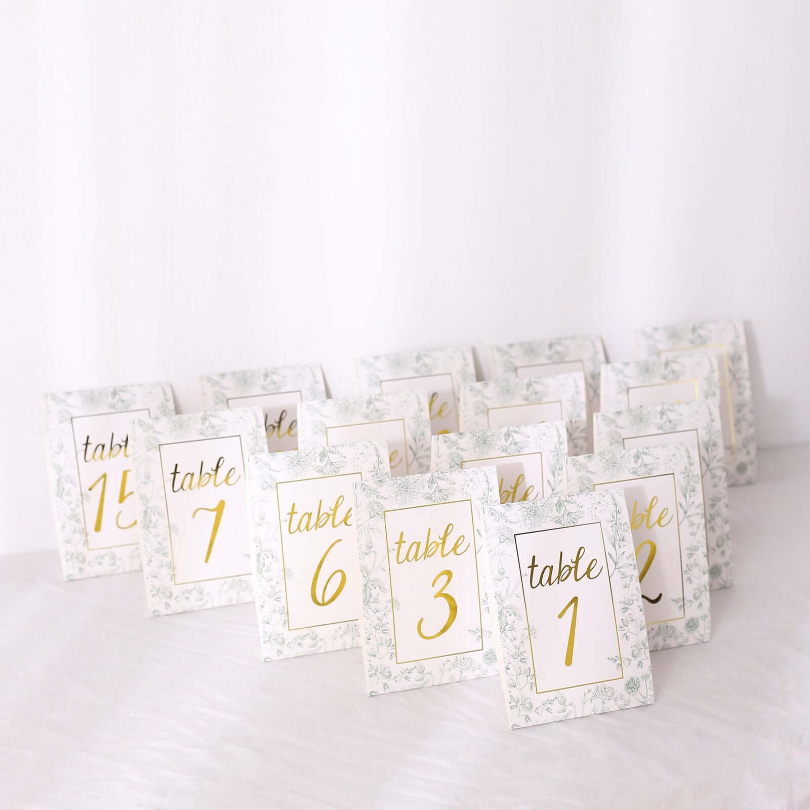 25 - Pack Paper Wedding Table Numbers 1 - 25 White/Sage Green French Toile Design - Free Standing Double Sided Table Signs with Glam Gold Foil Numbers 7" - Bell Racket Store