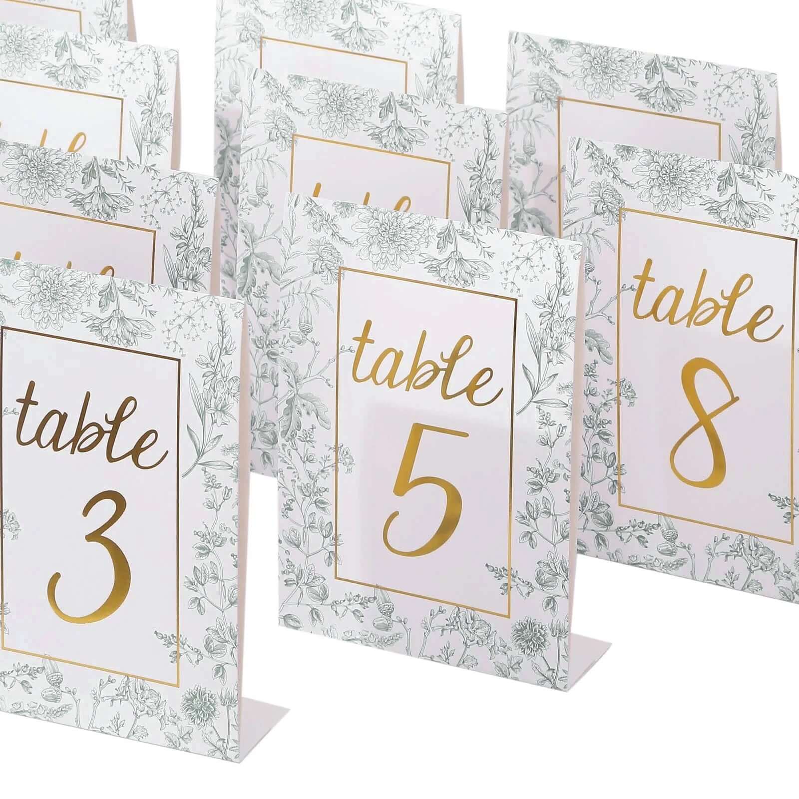 25 - Pack Paper Wedding Table Numbers 1 - 25 White/Sage Green French Toile Design - Free Standing Double Sided Table Signs with Glam Gold Foil Numbers 7" - Bell Racket Store