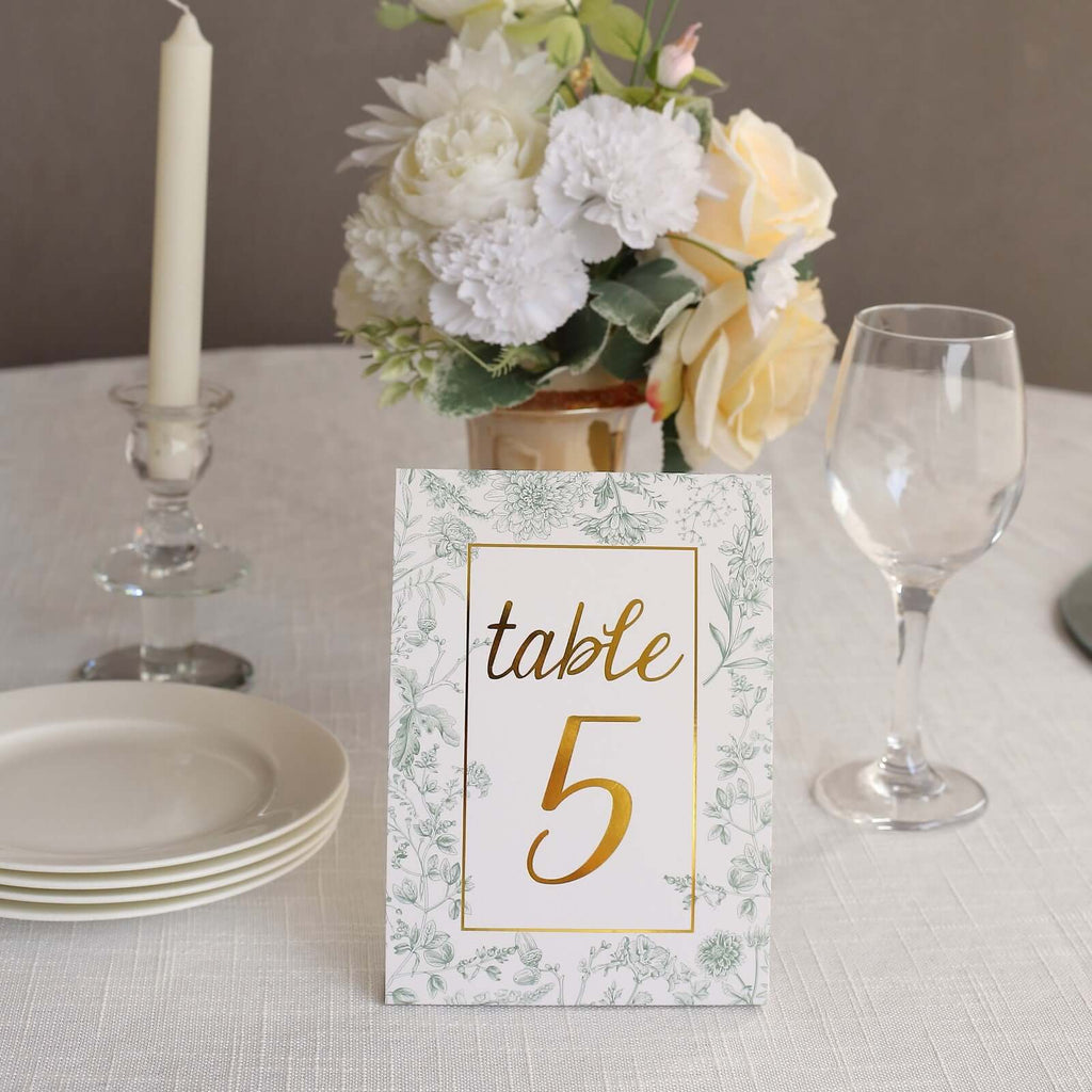 25 - Pack Paper Wedding Table Numbers 1 - 25 White/Sage Green French Toile Design - Free Standing Double Sided Table Signs with Glam Gold Foil Numbers 7" - Bell Racket Store