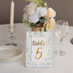 25 - Pack Paper Wedding Table Numbers 1 - 25 White/Sage Green French Toile Design - Free Standing Double Sided Table Signs with Glam Gold Foil Numbers 7" - Bell Racket Store