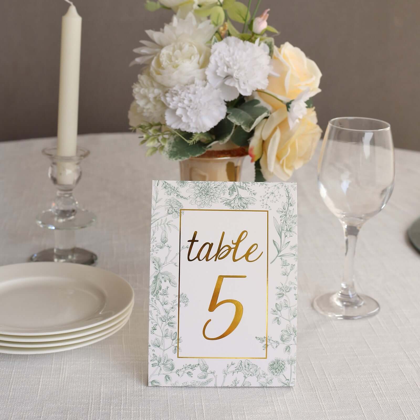 25 - Pack Paper Wedding Table Numbers 1 - 25 White/Sage Green French Toile Design - Free Standing Double Sided Table Signs with Glam Gold Foil Numbers 7" - Bell Racket Store