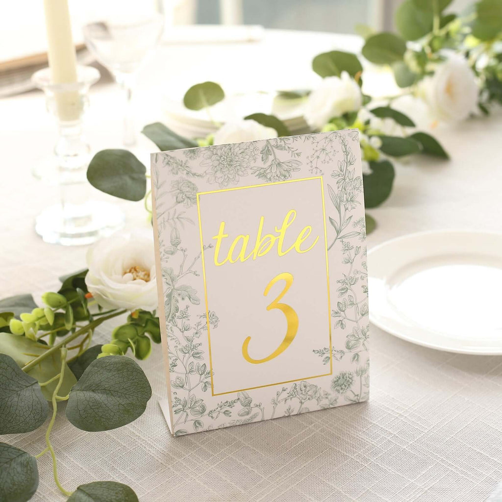 25 - Pack Paper Wedding Table Numbers 1 - 25 White/Sage Green French Toile Design - Free Standing Double Sided Table Signs with Glam Gold Foil Numbers 7" - Bell Racket Store
