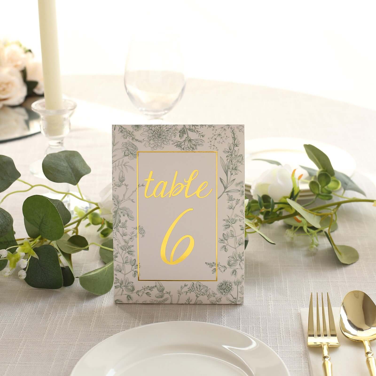 25 - Pack Paper Wedding Table Numbers 1 - 25 White/Sage Green French Toile Design - Free Standing Double Sided Table Signs with Glam Gold Foil Numbers 7" - Bell Racket Store