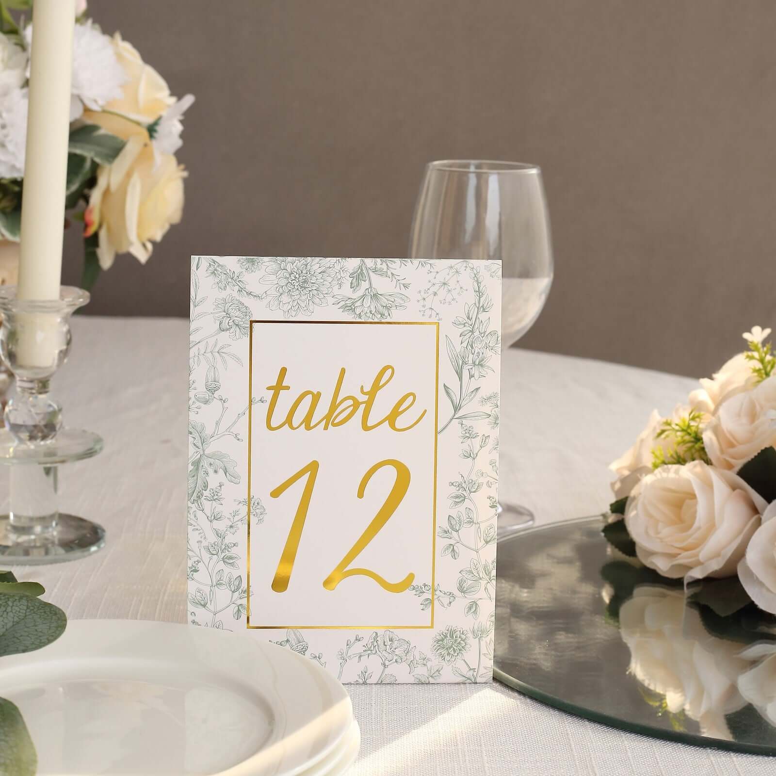 25 - Pack Paper Wedding Table Numbers 1 - 25 White/Sage Green French Toile Design - Free Standing Double Sided Table Signs with Glam Gold Foil Numbers 7" - Bell Racket Store