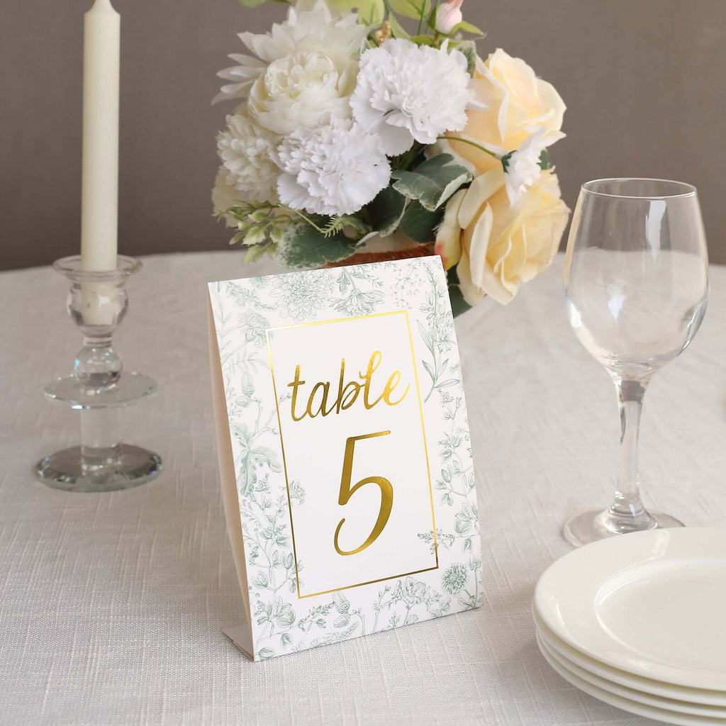 25 - Pack Paper Wedding Table Numbers 1 - 25 White/Sage Green French Toile Design - Free Standing Double Sided Table Signs with Glam Gold Foil Numbers 7" - Bell Racket Store