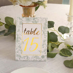 25 - Pack Paper Wedding Table Numbers 1 - 25 White/Sage Green French Toile Design - Free Standing Double Sided Table Signs with Glam Gold Foil Numbers 7" - Bell Racket Store