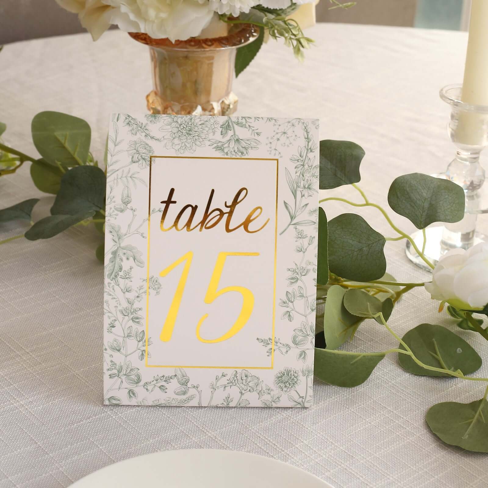 25 - Pack Paper Wedding Table Numbers 1 - 25 White/Sage Green French Toile Design - Free Standing Double Sided Table Signs with Glam Gold Foil Numbers 7" - Bell Racket Store