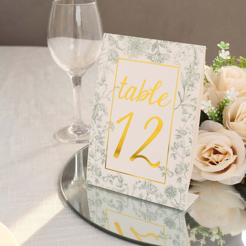 25 - Pack Paper Wedding Table Numbers 1 - 25 White/Sage Green French Toile Design - Free Standing Double Sided Table Signs with Glam Gold Foil Numbers 7" - Bell Racket Store