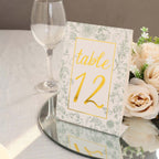 25 - Pack Paper Wedding Table Numbers 1 - 25 White/Sage Green French Toile Design - Free Standing Double Sided Table Signs with Glam Gold Foil Numbers 7" - Bell Racket Store
