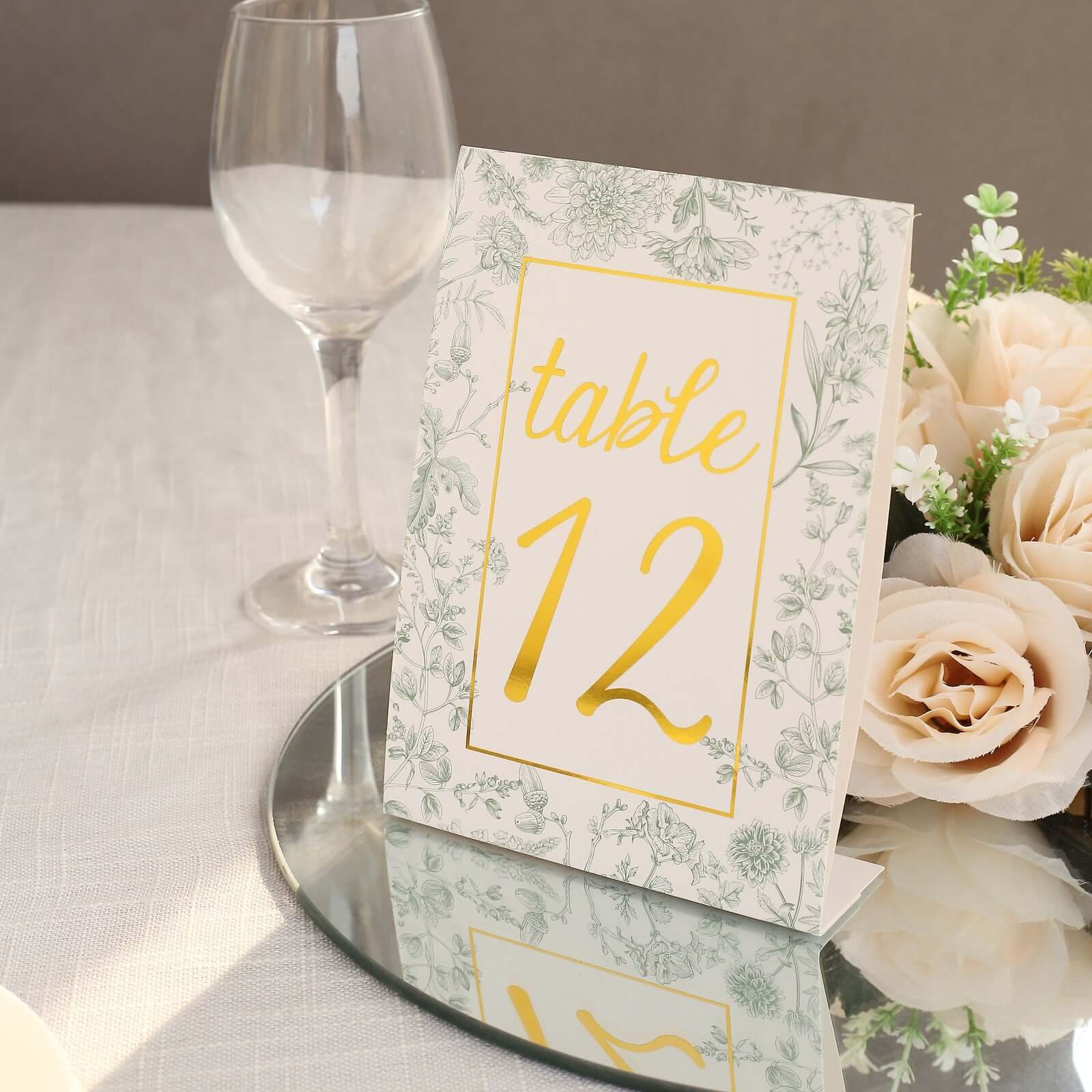 25 - Pack Paper Wedding Table Numbers 1 - 25 White/Sage Green French Toile Design - Free Standing Double Sided Table Signs with Glam Gold Foil Numbers 7" - Bell Racket Store