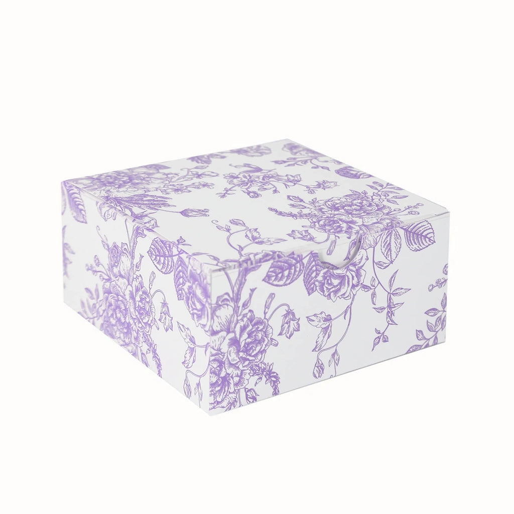 25 Pack Party Favors Boxes in French Toile Pattern, Matte Lavender and White Candy Gift Boxes - Cardstock Paper - 4"x4"x2" - Bell Racket Store