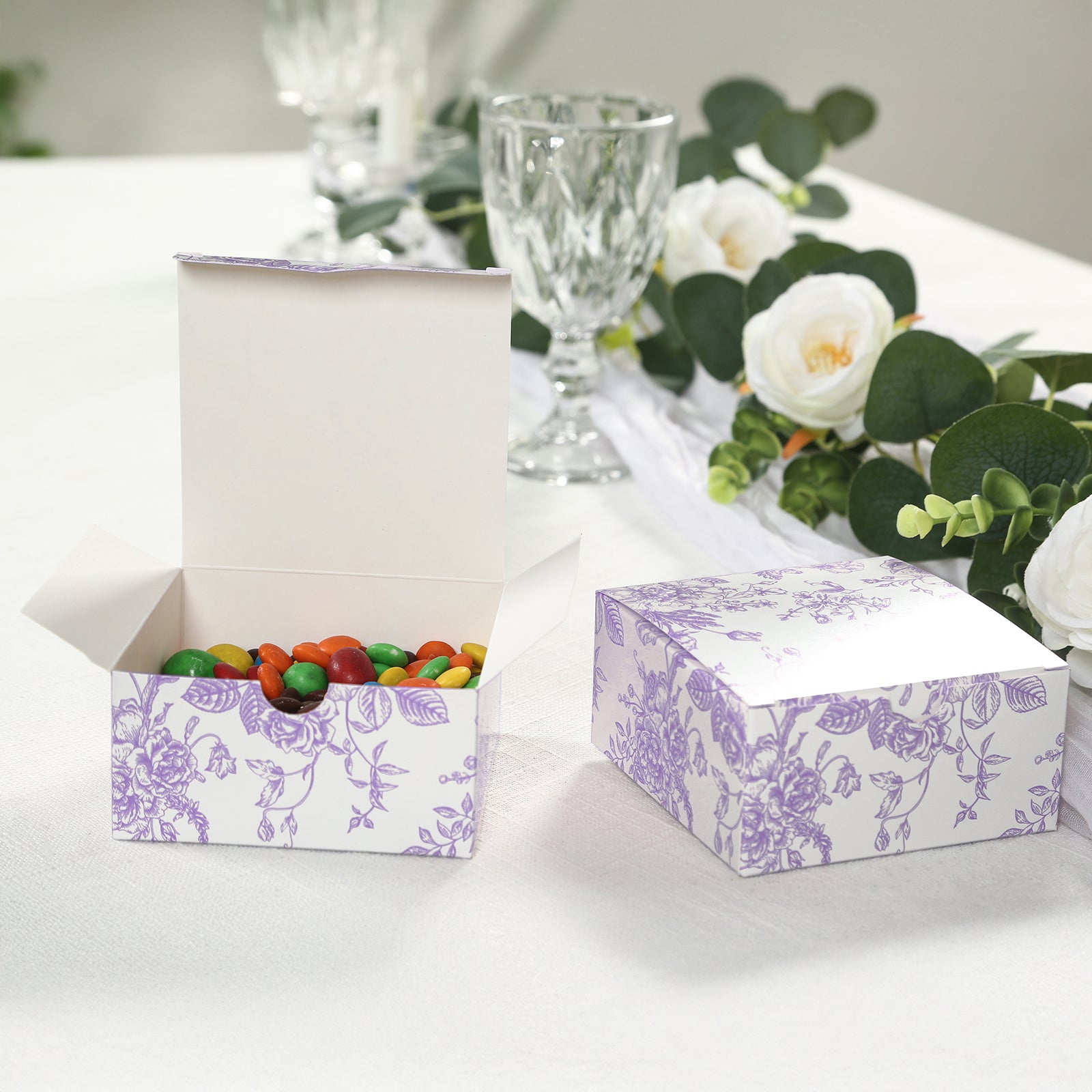 25 Pack Party Favors Boxes in French Toile Pattern, Matte Lavender and White Candy Gift Boxes - Cardstock Paper - 4"x4"x2" - Bell Racket Store