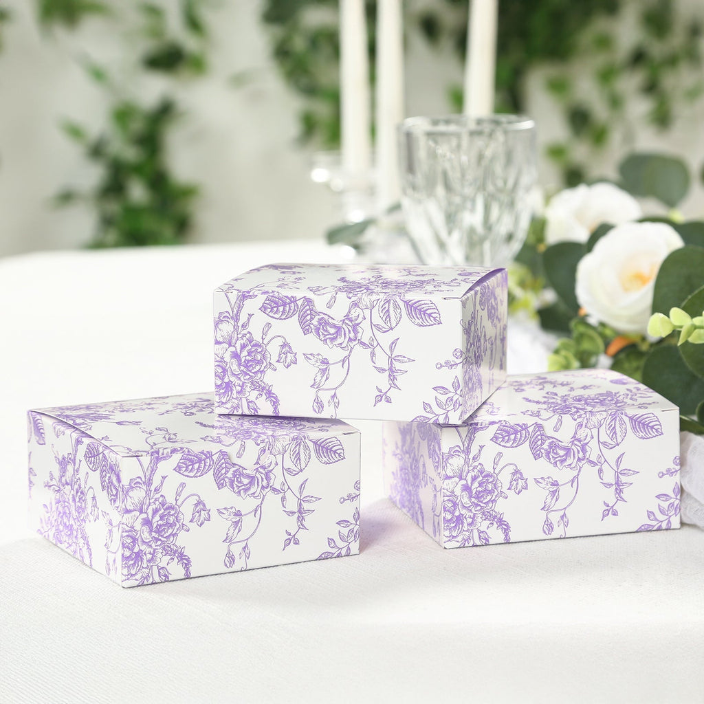 25 Pack Party Favors Boxes in French Toile Pattern, Matte Lavender and White Candy Gift Boxes - Cardstock Paper - 4"x4"x2" - Bell Racket Store