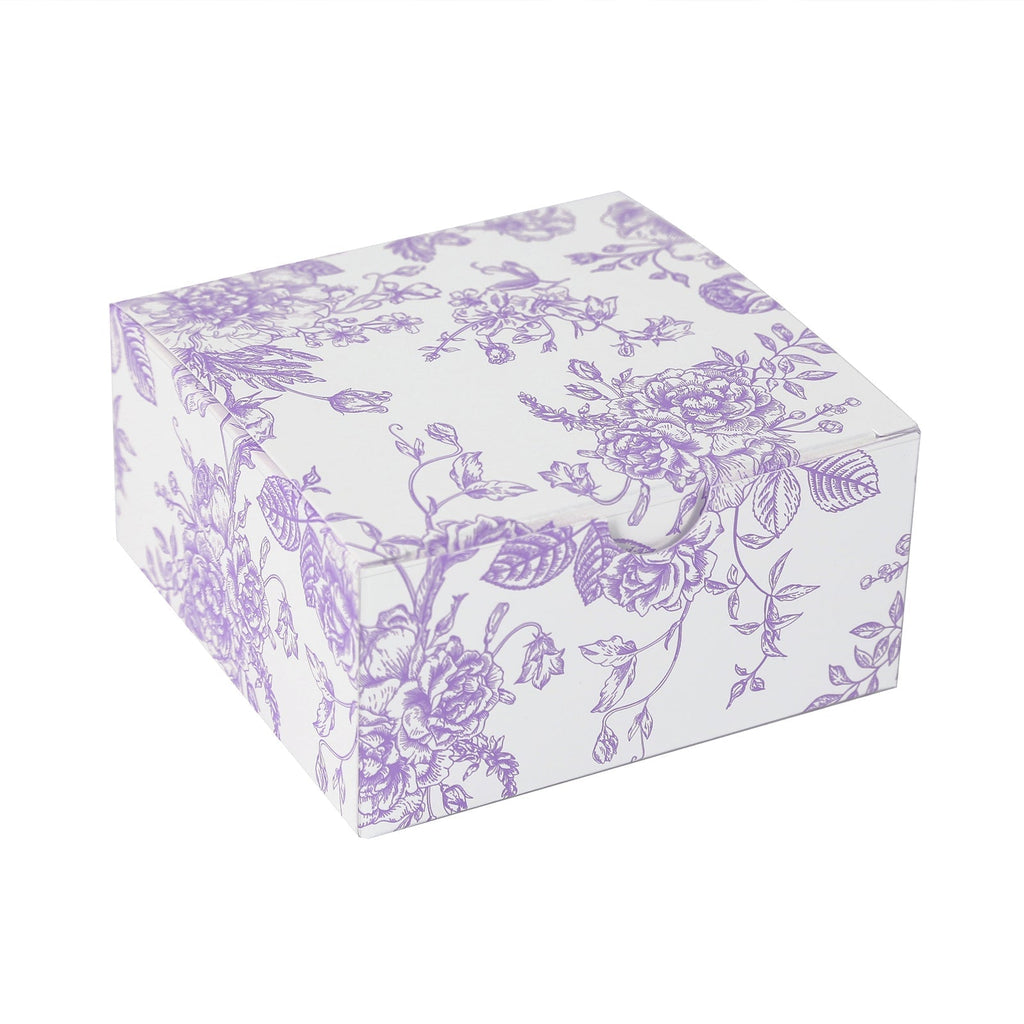 25 Pack Party Favors Boxes in French Toile Pattern, Matte Lavender and White Candy Gift Boxes - Cardstock Paper - 4"x4"x2" - Bell Racket Store