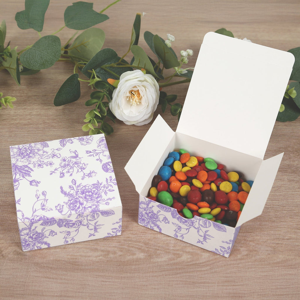 25 Pack Party Favors Boxes in French Toile Pattern, Matte Lavender and White Candy Gift Boxes - Cardstock Paper - 4"x4"x2" - Bell Racket Store