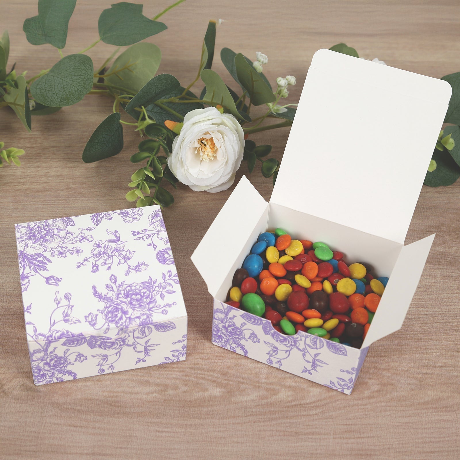 25 Pack Party Favors Boxes in French Toile Pattern, Matte Lavender and White Candy Gift Boxes - Cardstock Paper - 4"x4"x2" - Bell Racket Store