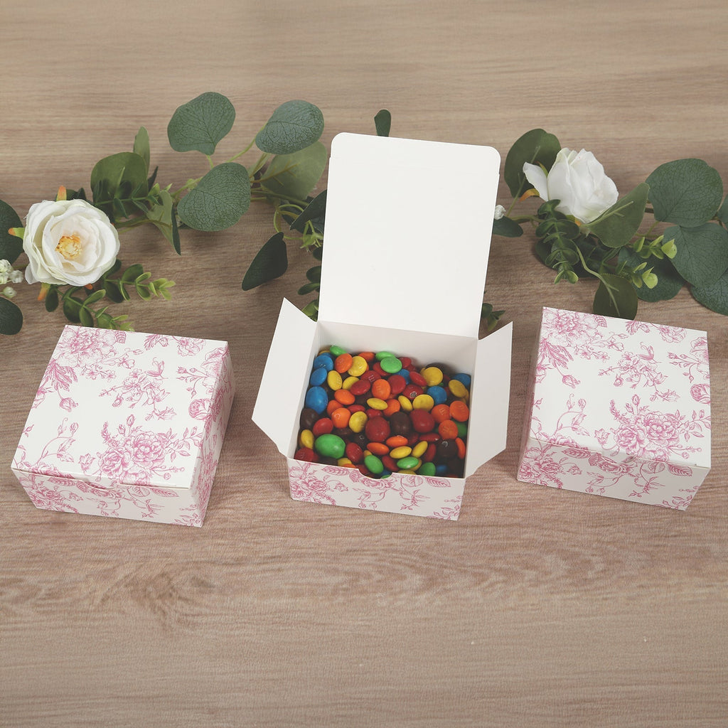 25 Pack Party Favors Boxes in French Toile Pattern, Matte Pink and White Candy Gift Boxes - Cardstock Paper - 4"x4"x2" - Bell Racket Store
