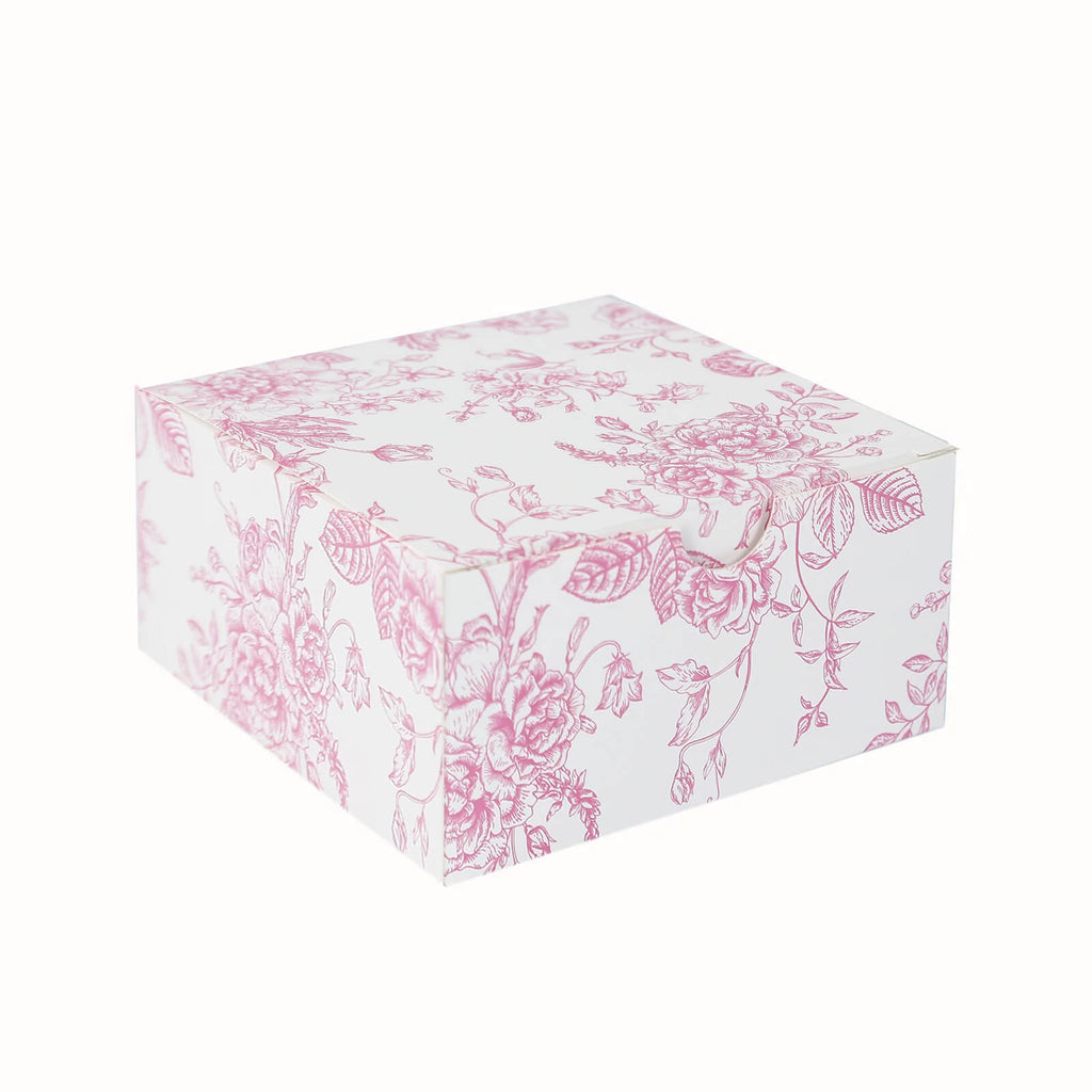 25 Pack Party Favors Boxes in French Toile Pattern, Matte Pink and White Candy Gift Boxes - Cardstock Paper - 4"x4"x2" - Bell Racket Store