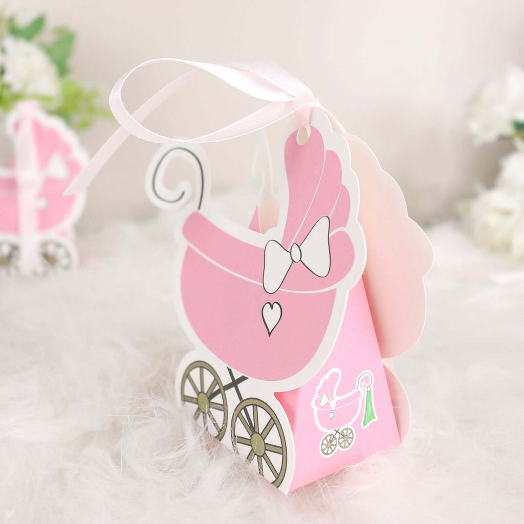25 Pack Pink Baby Paper Stroller Party Favor Gift Boxes, Cardstock Carriage Candy Boxes with Ribbon Ties - 4.5"x2"x4" - Bell Racket Store