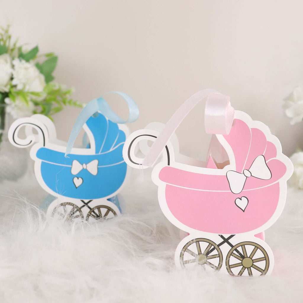 25 Pack Pink Baby Paper Stroller Party Favor Gift Boxes, Cardstock Carriage Candy Boxes with Ribbon Ties - 4.5"x2"x4" - Bell Racket Store